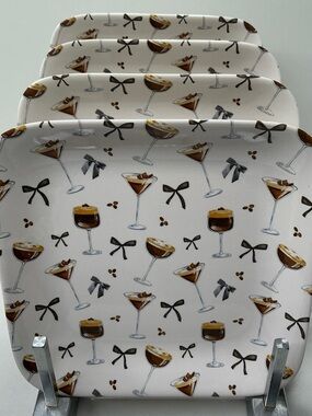 Rachel Zoe Appetizer Plates Melamine Chocolate Martini & Black Bow 6” NEW
